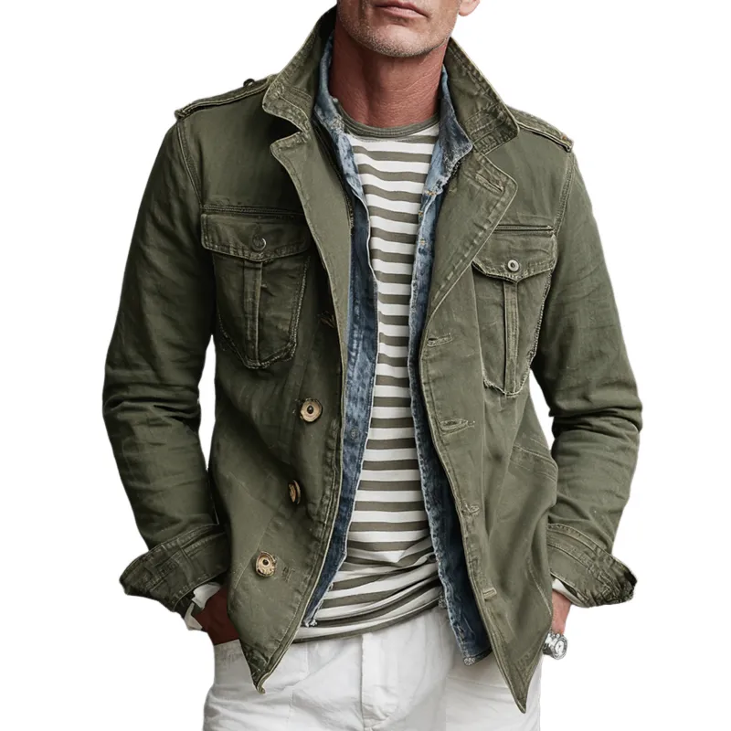 Men's Washed Distressed Military Style Lapel Multi-pocket Single Breasted Jacket MTA0569I9Z sold by Manly