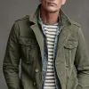 Men's Washed Distressed Military Style Lapel Multi-pocket Single Breasted Jacket MTA0569I9Z sold by Manly