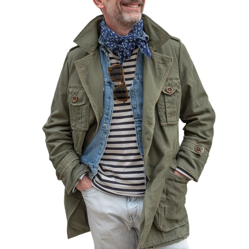 Men's Washed Distressed Military Style Lapel Multi-pocket Single Breasted Jacket MTA0561I8Z sold by Manly