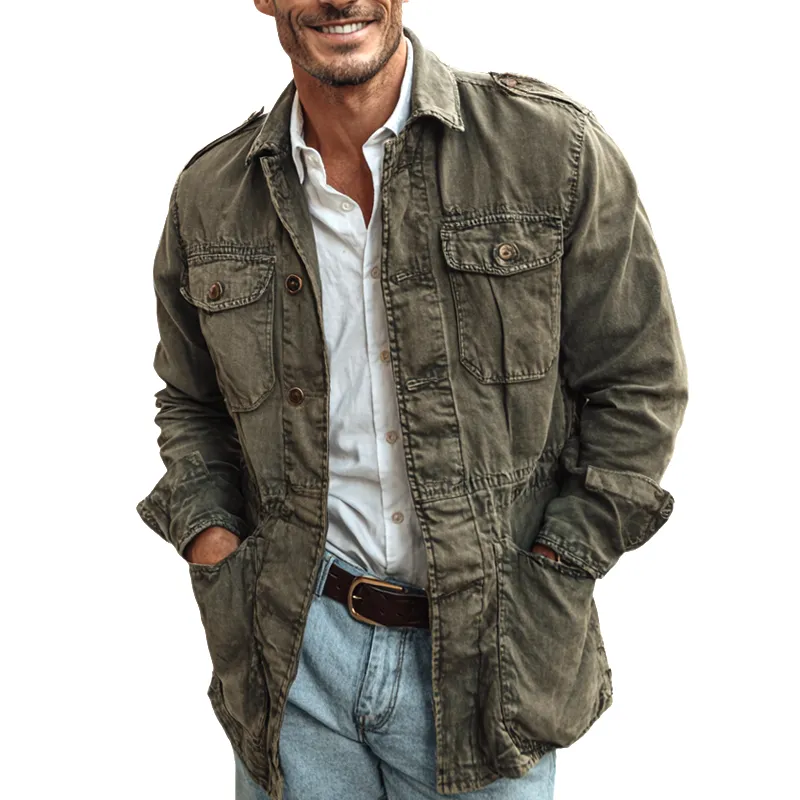 Men's Washed Distressed Military Style Lapel Multi-pocket Single Breasted Jacket MTA0547I1Z sold by Manly
