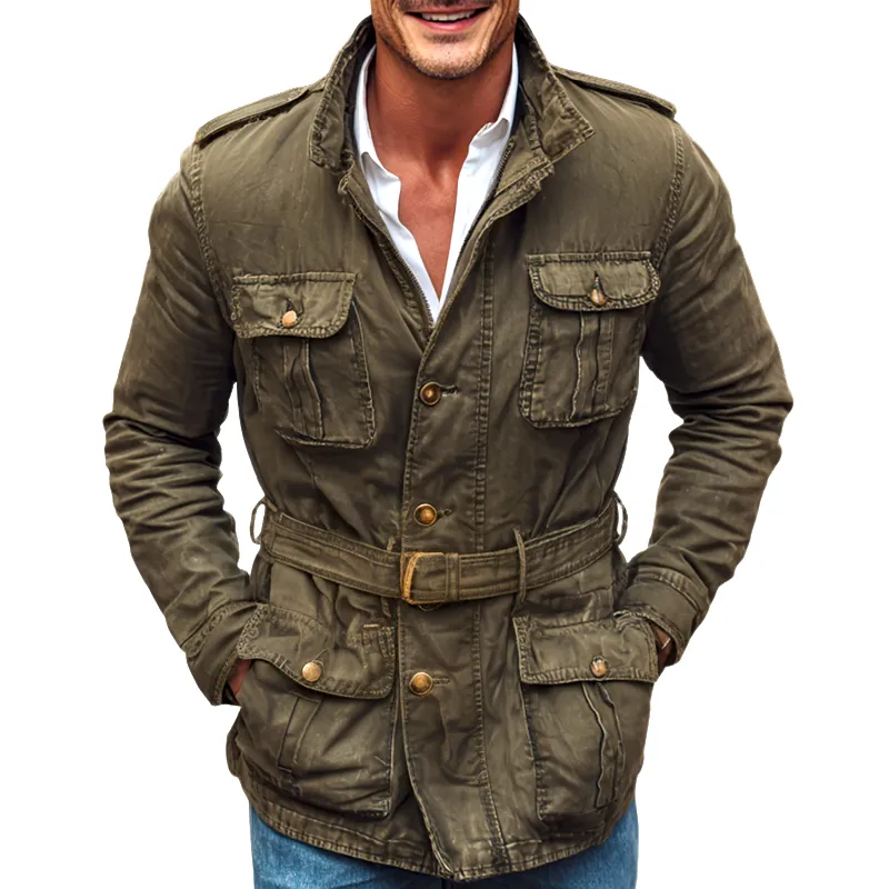 Men's Washed Distressed Military Style Lapel Multi-pocket Single Breasted Jacket MTA0524I8Z sold by Manly