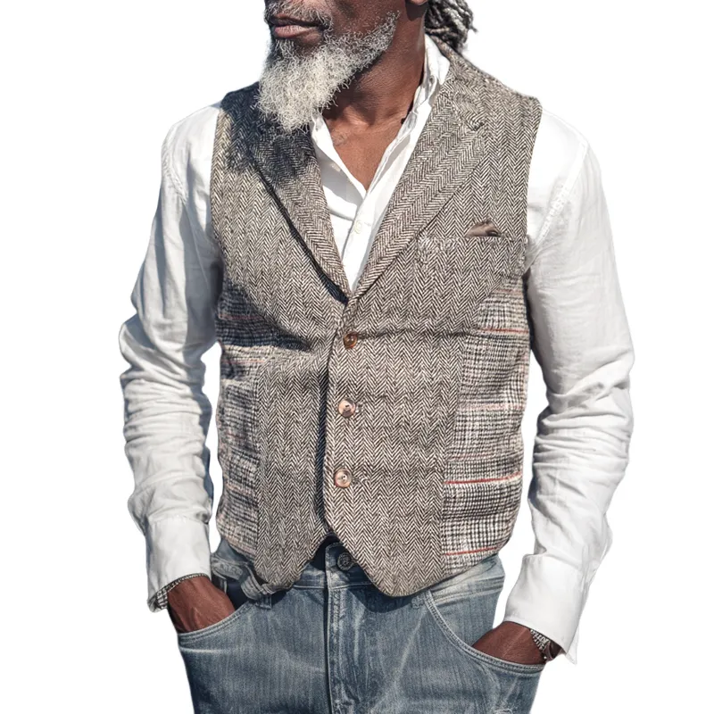 Men's Herringbone Splicing Check Notch Lapel Single-Breasted Casual Vest MTA0888I5Z sold by Manly