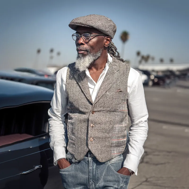 Men's Herringbone Splicing Check Notch Lapel Single-Breasted Casual Vest MTA0888I5Z sold by Manly product image thumbnail 4