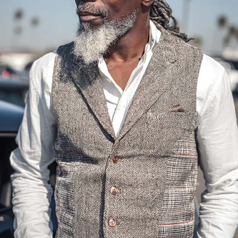 Men's Herringbone Splicing Check Notch Lapel Single-Breasted Casual Vest MTA0888I5Z sold by Manly product image thumbnail 3