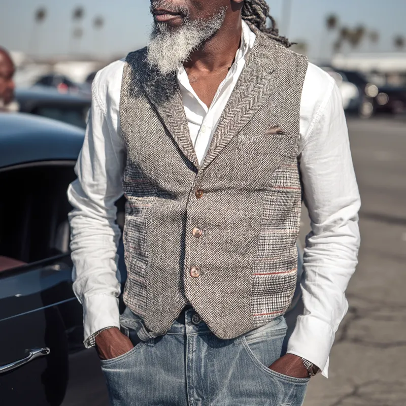 Men's Herringbone Splicing Check Notch Lapel Single-Breasted Casual Vest MTA0888I5Z sold by Manly product image thumbnail 2