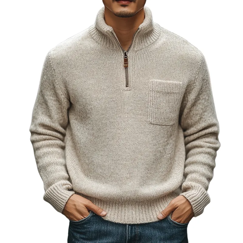 Men's Solid Color Stand Collar Half Zip Pullover Sweater MTA0423I9X sold by Manly