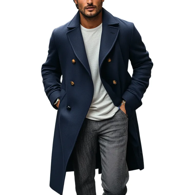 Men's Retro Solid Color Faux Wool Long Coat MTA0403I3X sold by Manly
