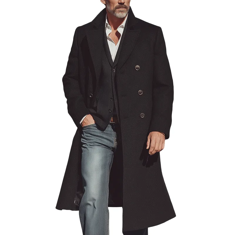 Men's Retro Light Business Solid Color Imitation Wool Long Warm Coat MTA1161I8P sold by Manly