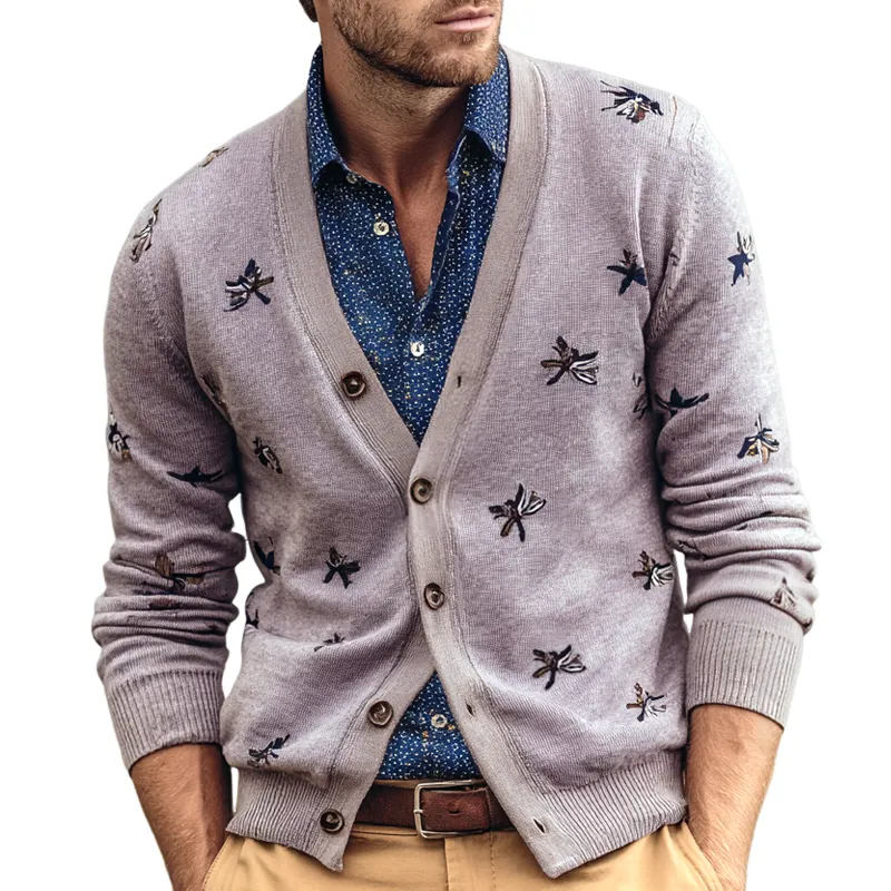 Men's Dragonfly Embroidery V Neck Single Breasted Knit Cardigan MTA1125I1Z sold by Manly
