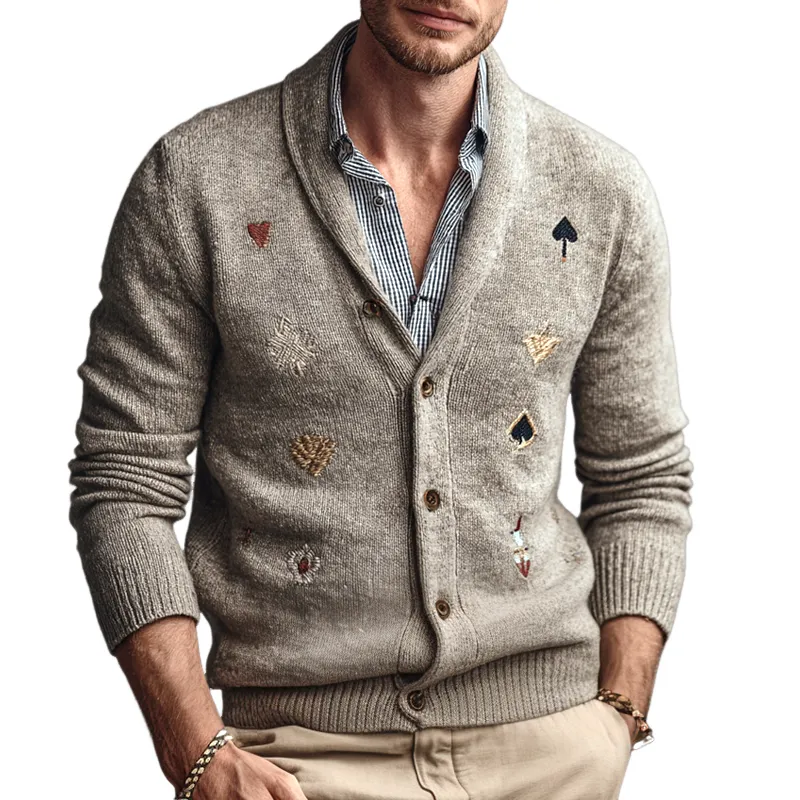 Men's Fashion Embroidery Shawl Collar Single Breasted Knit Cardigan MTA1163I8Z sold by Manly