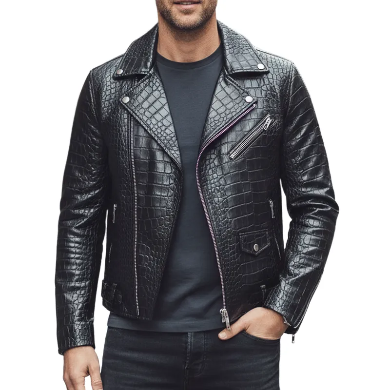 Men's Solid Color Imitation Crocodile Leather Lapel Motorcycle PU Jacket MTA1007I5X sold by Manly