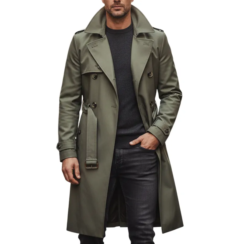 Men's Solid Color Cotton Blend Lace-up Slim-fit Long Wide Trench Coat MTA1032I9X sold by Manly
