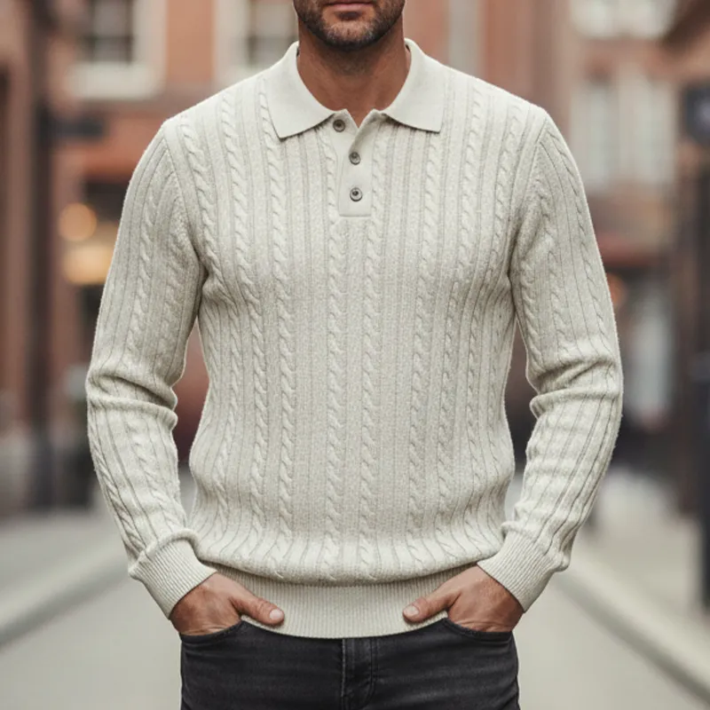 Men's Cable Knit Solid Lapel Pullover Sweater MTA1071I1X sold by Manly product image thumbnail 2