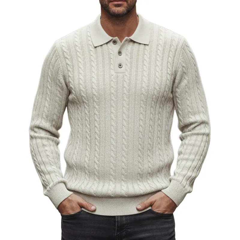Men's Cable Knit Solid Lapel Pullover Sweater MTA1071I1X sold by Manly