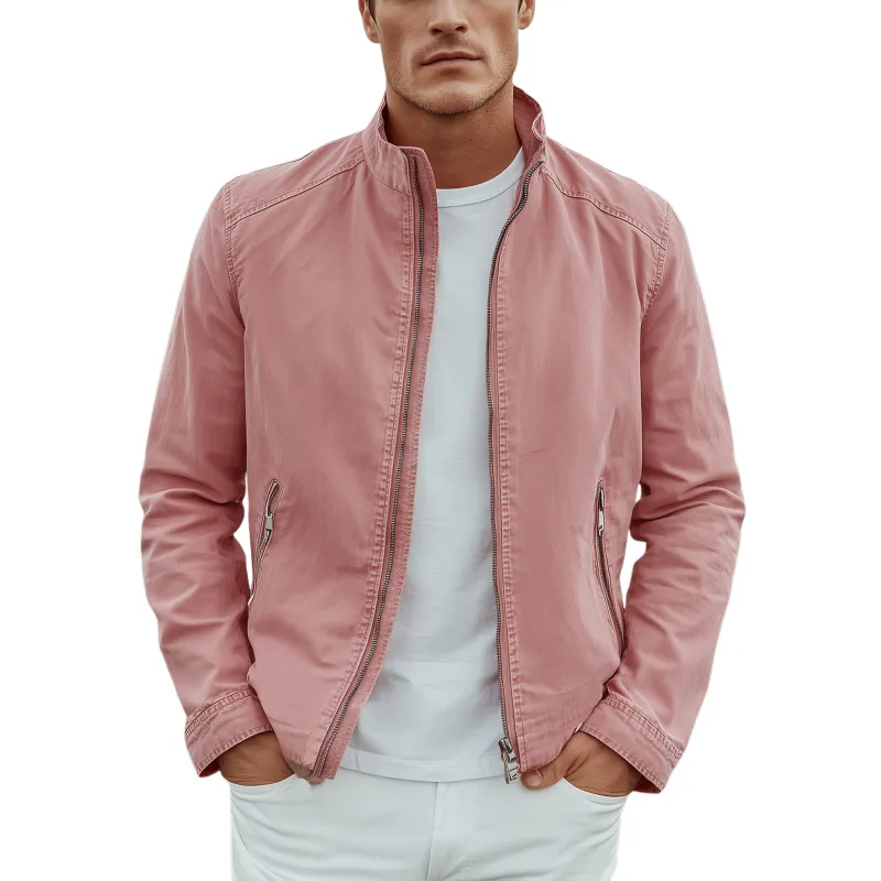 Men's Classic Casual Stand Collar Pink Cotton Blend Zip-Up Jacket MTA1080I6K sold by Manly