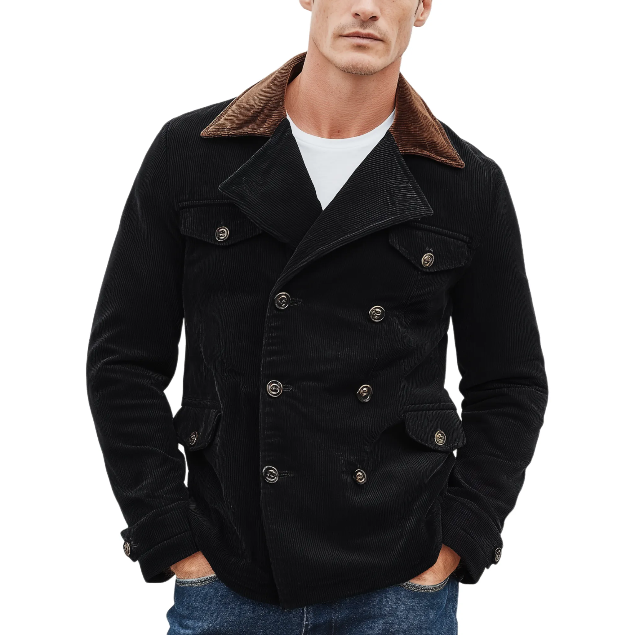 Men's Classic Casual Lapel Double-Breasted Corduroy Jacket MTA1090I8K sold by Manly