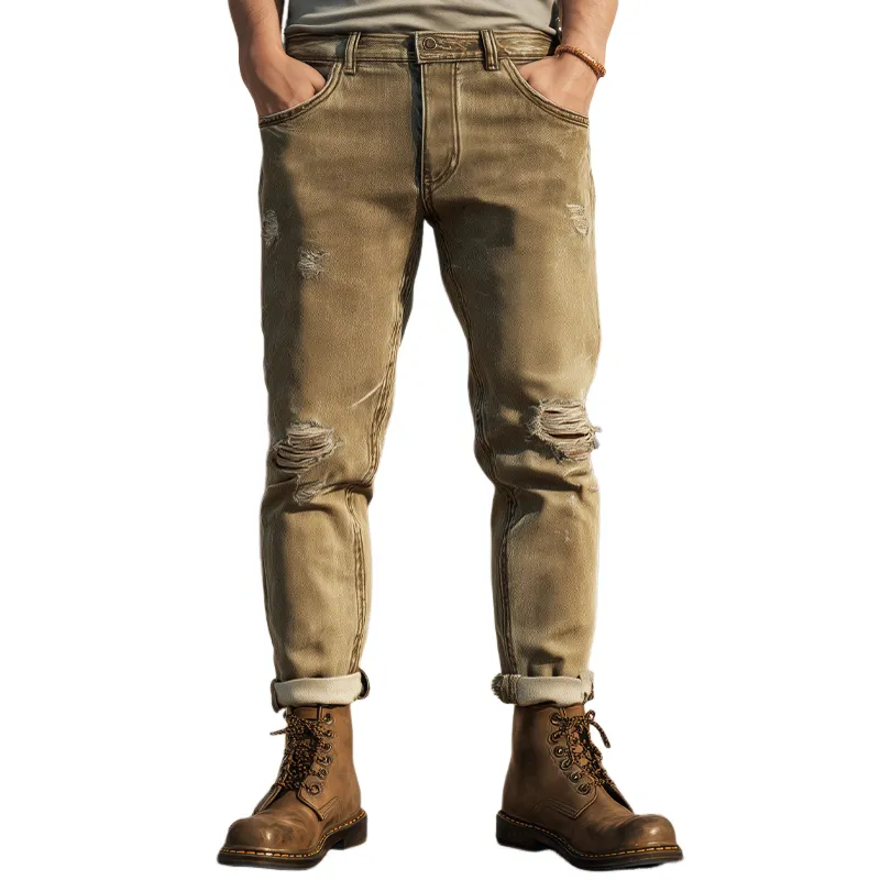 Men's Vintage Fashion Khaki Ripped Jeans MTA0968I8U sold by Manly