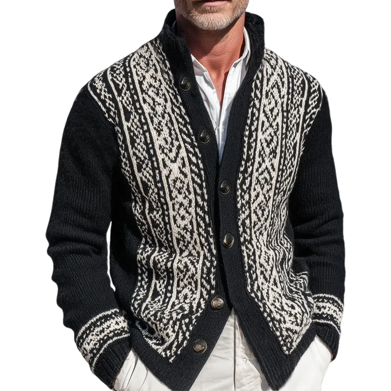 Men's Classic Stand Collar Colorblock Jacquard Button Knit Cardigan MTA1066I7U sold by Manly
