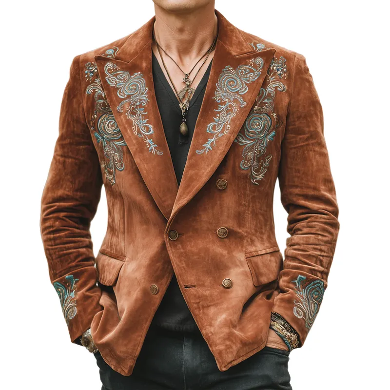 Men's Classic Double-Breasted Embroidered Suede Blazer MTA1007I6U sold by Manly