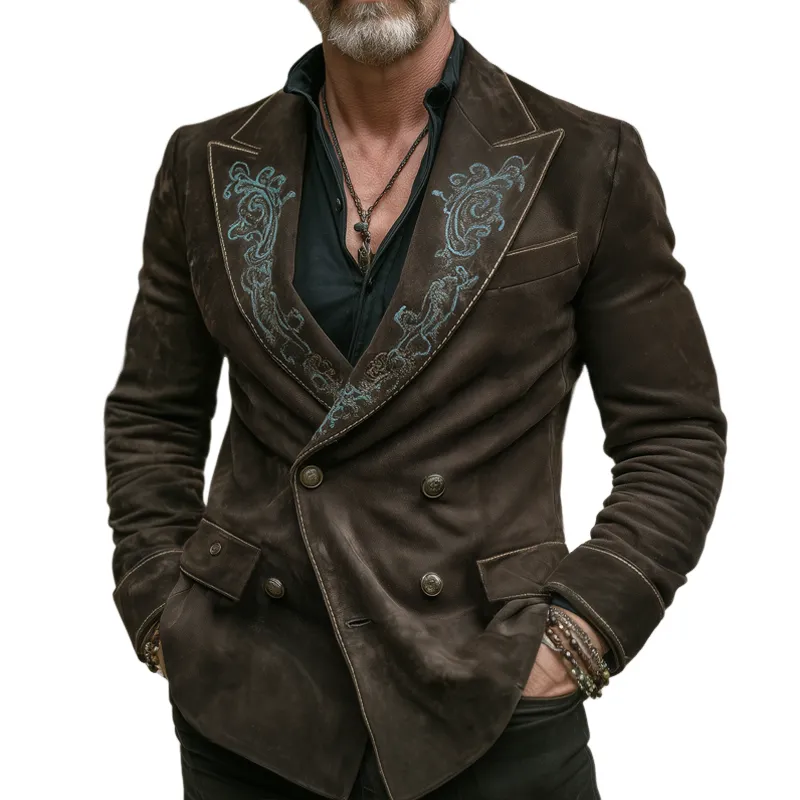 Men's Classic Embroidered Double-Breasted Suede Blazer MTA1087I2U sold by Manly