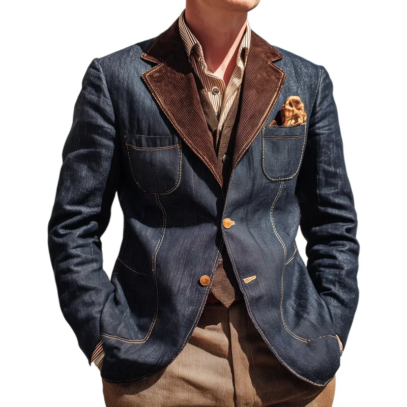 Men's Classic Colorblock Corduroy Collar Two-button Denim Blazer MTA0940I0U sold by Manly
