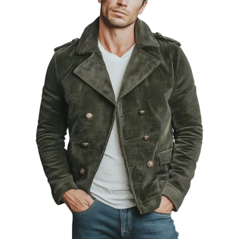 Men's Classic Casual Lapel Double-Breasted Epaulette Corduroy Jacket MTA1096I1K sold by Manly