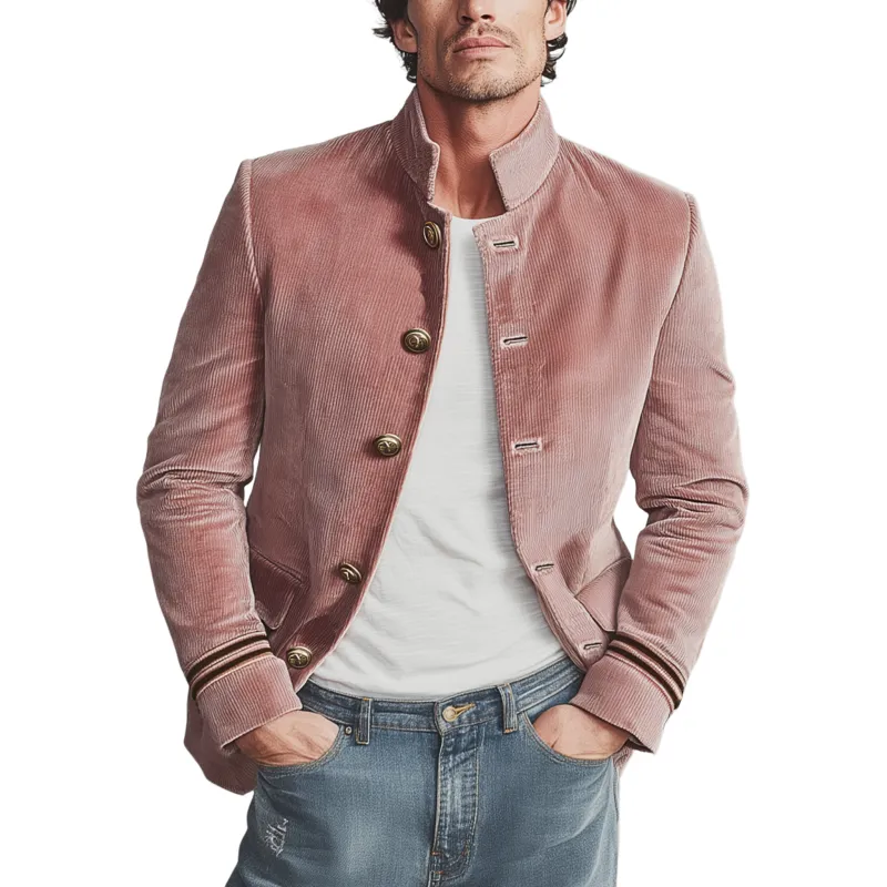 Men's Classic Vintage Stand Collar Single-Breasted Pink Corduroy Jacket MTA1081I8K made by Manly