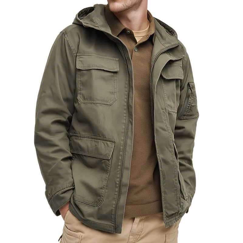 Men's Vintage Casual Cotton Washed Multi-Pocket Work Hooded Zipper Jacket MTA1097I4TO sold by Manly