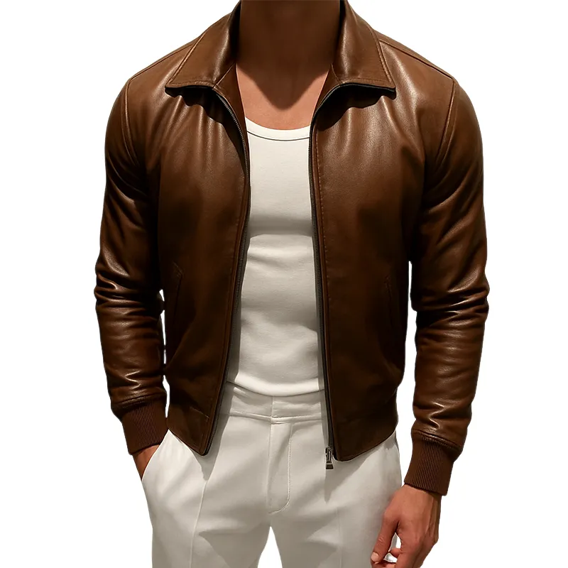 Men's Retro Casual Solid Color Lapel Cropped Zipper Leather Jacket MTA0891I7TO sold by Manly