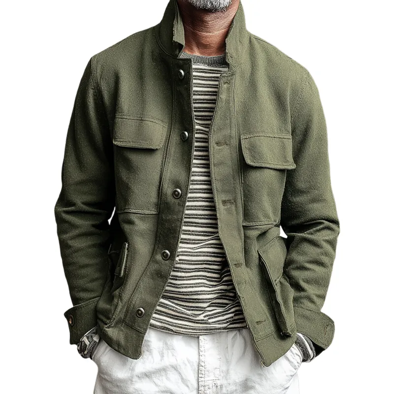 Men's Solid Faux Wool Lapel Multi-pocket Single Breasted Jacket MTA1097I6Z sold by Manly