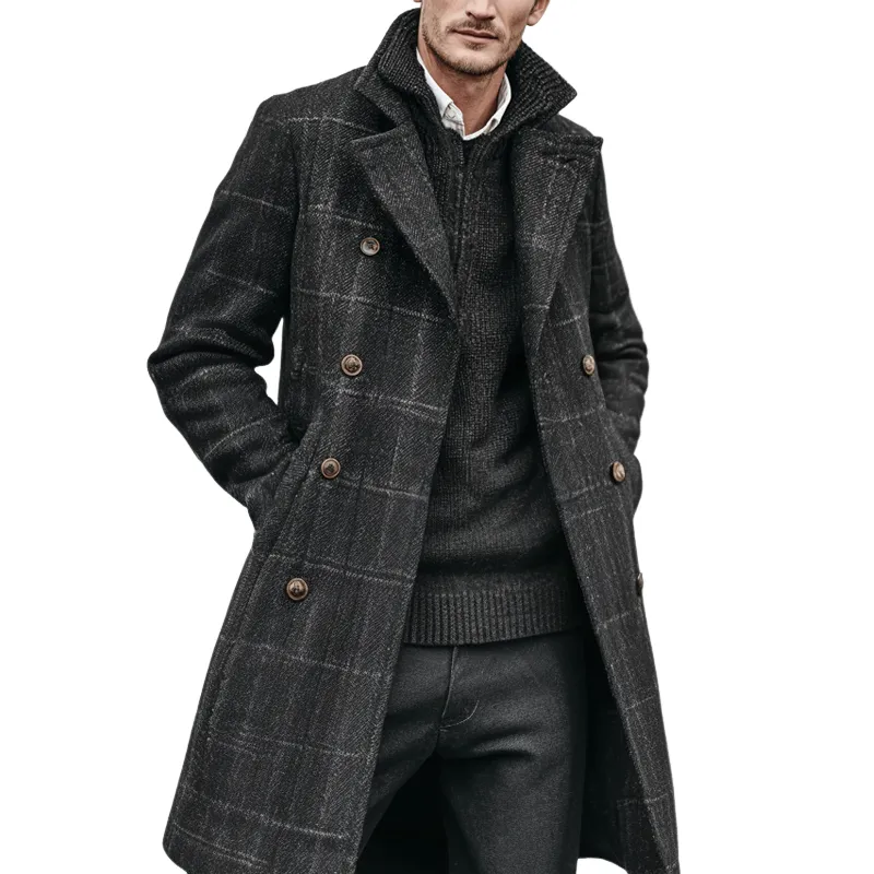 Men's Faux Wool Check Lapel Double Breasted Mid-length Coat MTA1066I6Z sold by Manly