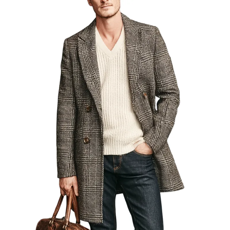 Men's Faux Wool Check Peak Lapel Double Breasted Mid-length Coat MTA1071I4Z sold by Manly