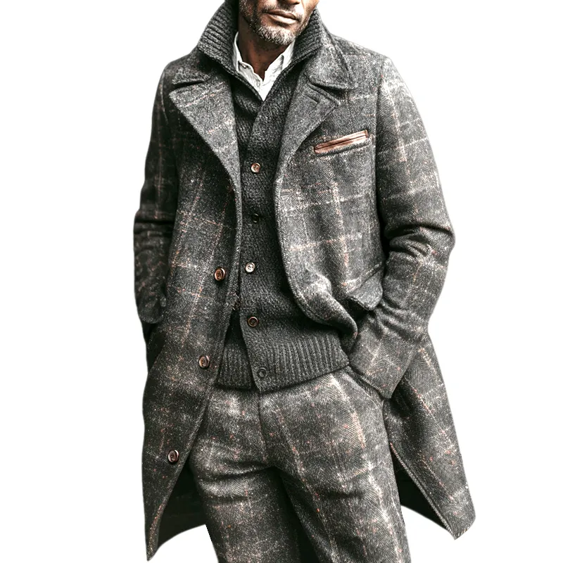 Men's Faux Wool Check Lapel PU Splicing Chest Pocket Mid-length Coat MTA1089I0Z sold by Manly