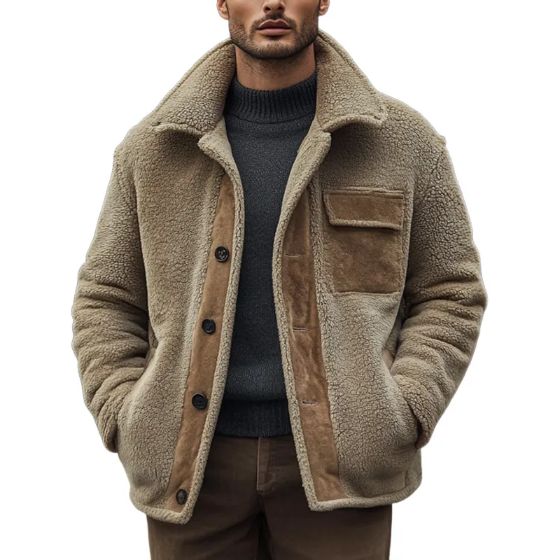 Men's Polar Fleece Panel Lapel Single-breasted Jacket MTA0908I3X sold by Manly