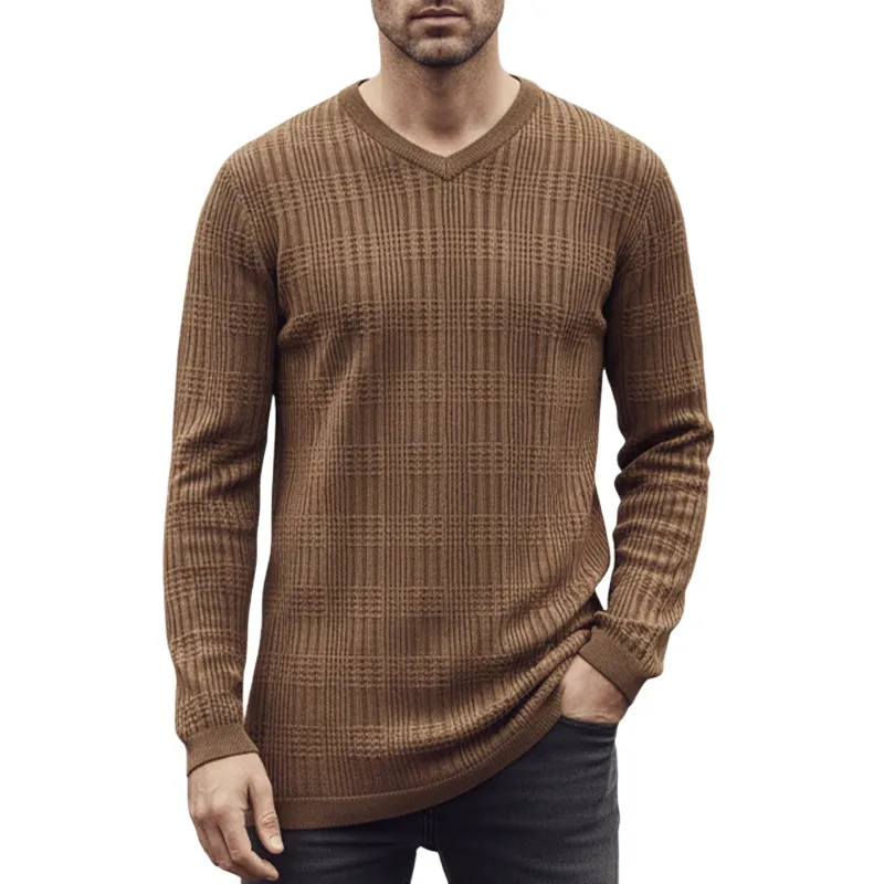 Men's Solid Color Casual Knitted V-neck Long-sleeved T-shirt MTA1004I8X sold by Manly