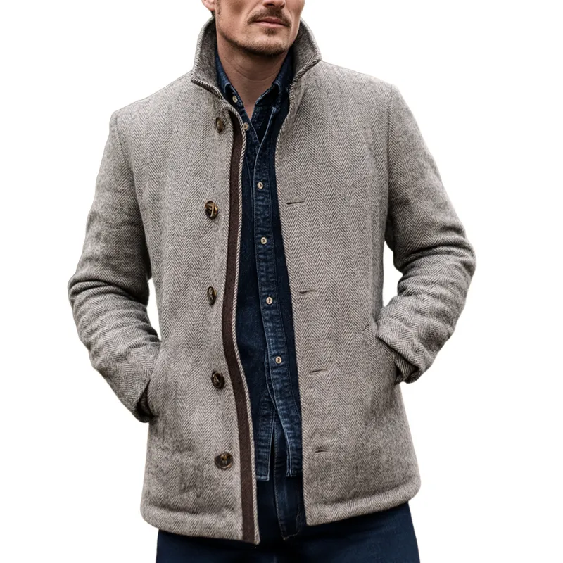 Men's Vintage Herringbone Stand Collar Single Breasted Jacket MTA0916I3Z sold by Manly