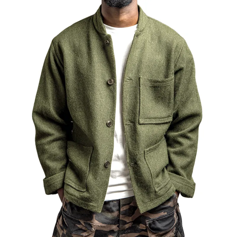 Men's Faux Wool Stand Collar Multi-pocket Single Breasted Jacket MTA0994I7Z sold by Manly