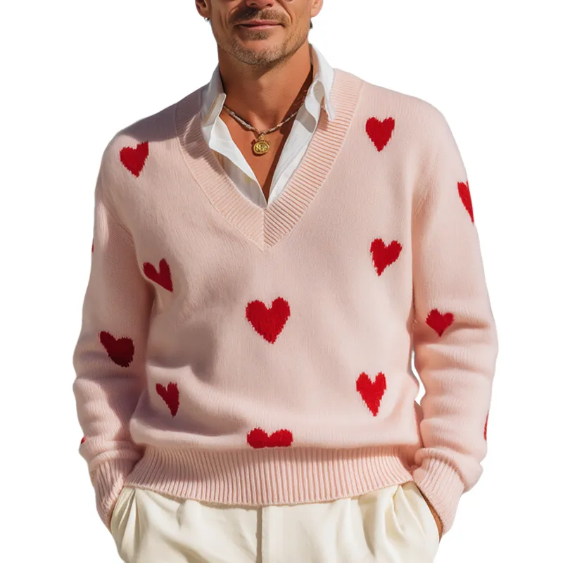 Men's Casual V-Neck Heart Pattern Pink Pullover Sweater MTA1357I5U sold by Manly