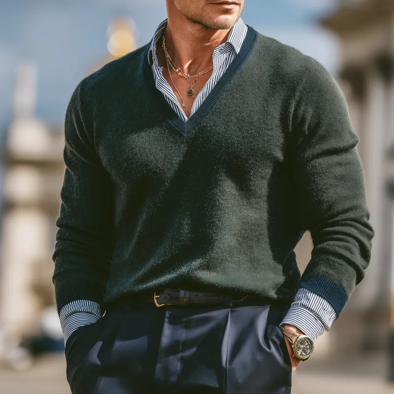 Men's Casual V-neck Forest Green Pullover Sweater MTA1376I3U sold by Manly product image thumbnail 2