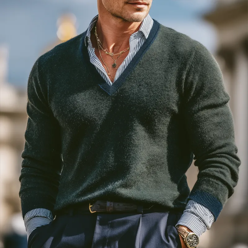 Men's Casual V-neck Forest Green Pullover Sweater MTA1376I3U sold by Manly product image thumbnail 3