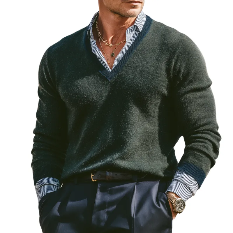 Men's Casual V-neck Forest Green Pullover Sweater MTA1376I3U sold by Manly