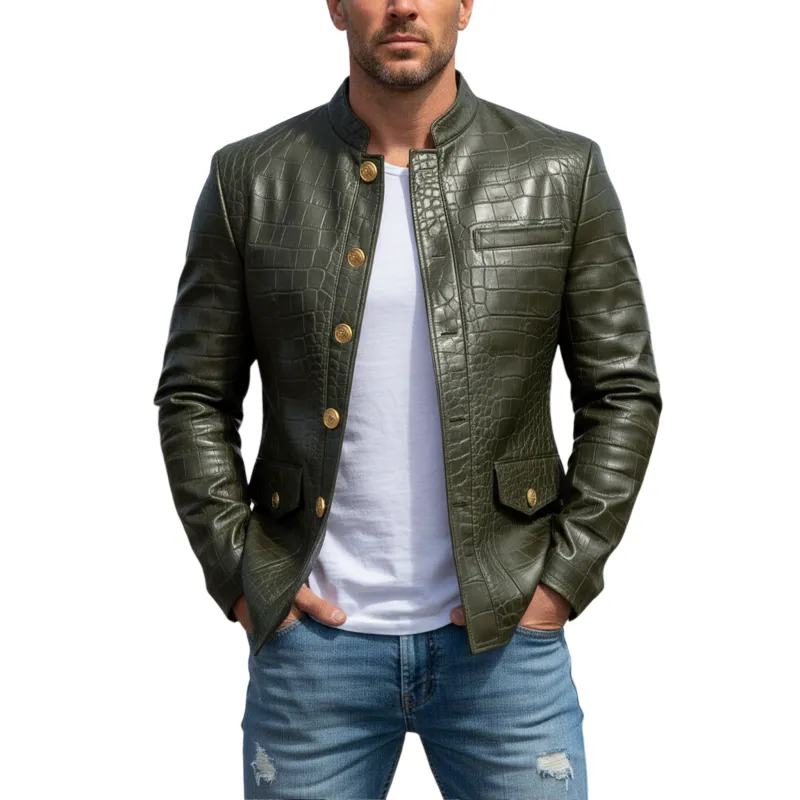 Men's Classic Casual Stand Collar Crocodile Leather Texture PU Leather Slim Fit Jacket MTA1390I2K sold by Manly