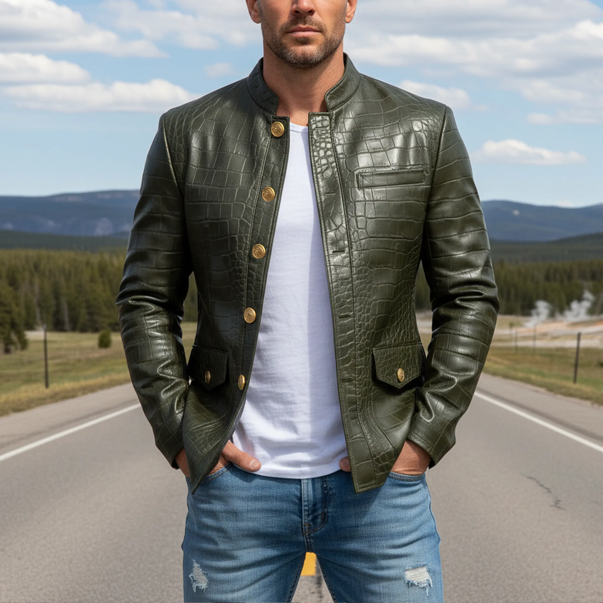 Men's Classic Casual Stand Collar Crocodile Leather Texture PU Leather Slim Fit Jacket MTA1390I2K sold by Manly product image thumbnail 2