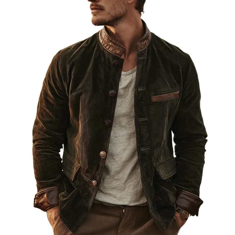 Men's Classic Retro Western Style PU Leather Stand Collar And Cuffs Slim Corduroy Jacket MTA1329I5K sold by Manly