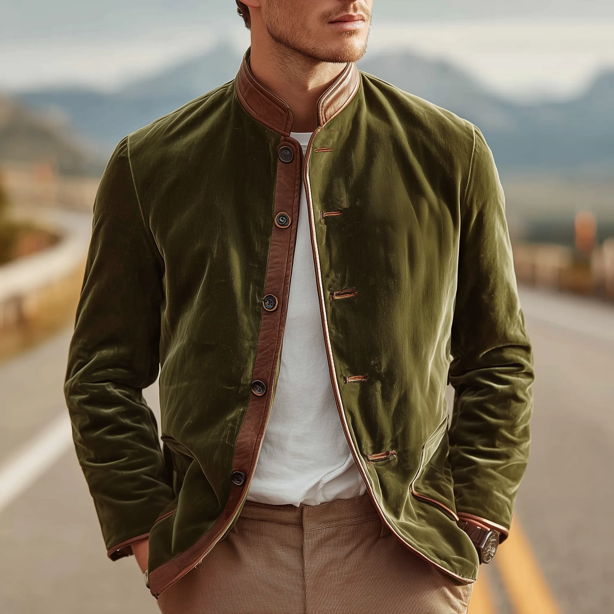 Men's Classic Retro Western Style PU Leather Stand Collar And Placket Slim Fit Velvet Jacket MTA1392I8K sold by Manly product image thumbnail 2