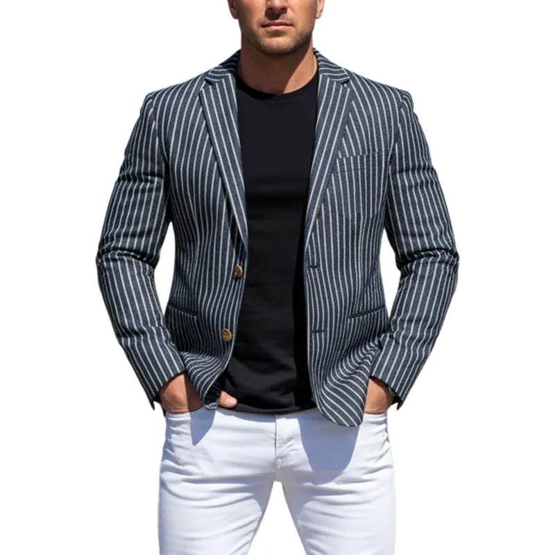 Men's Classic Casual Striped Denim Single-breasted Slim-fit Blazer MTA1376I8K sold by Manly