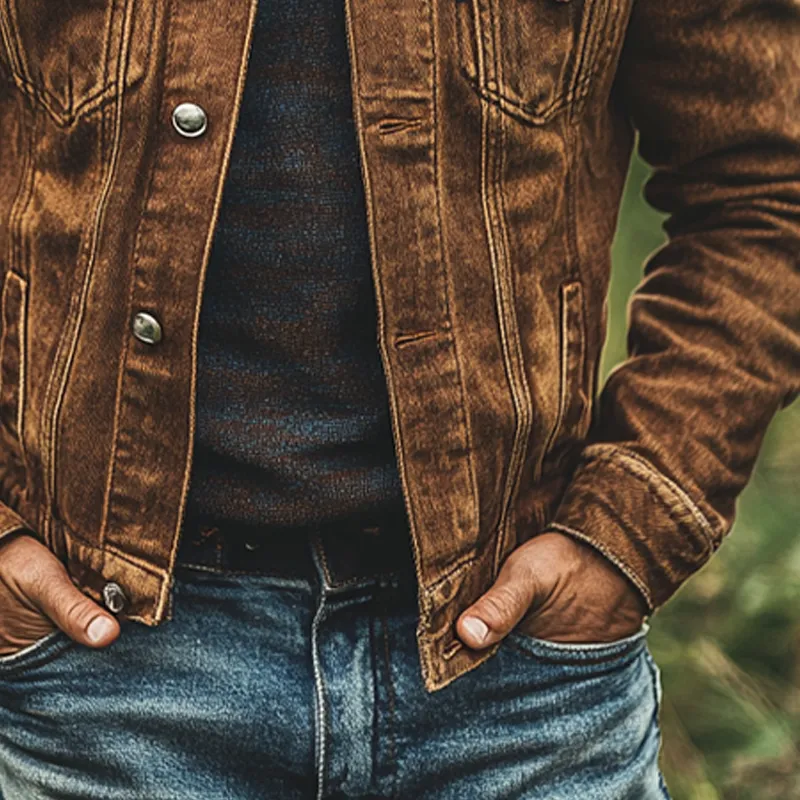 Men's Vintage Distressed Lapel Single-breasted Western Denim Jacket MTA1252I3X sold by Manly product image thumbnail 4