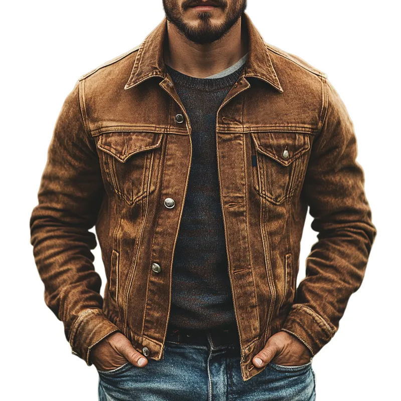 Men's Vintage Distressed Lapel Single-breasted Western Denim Jacket MTA1252I3X sold by Manly