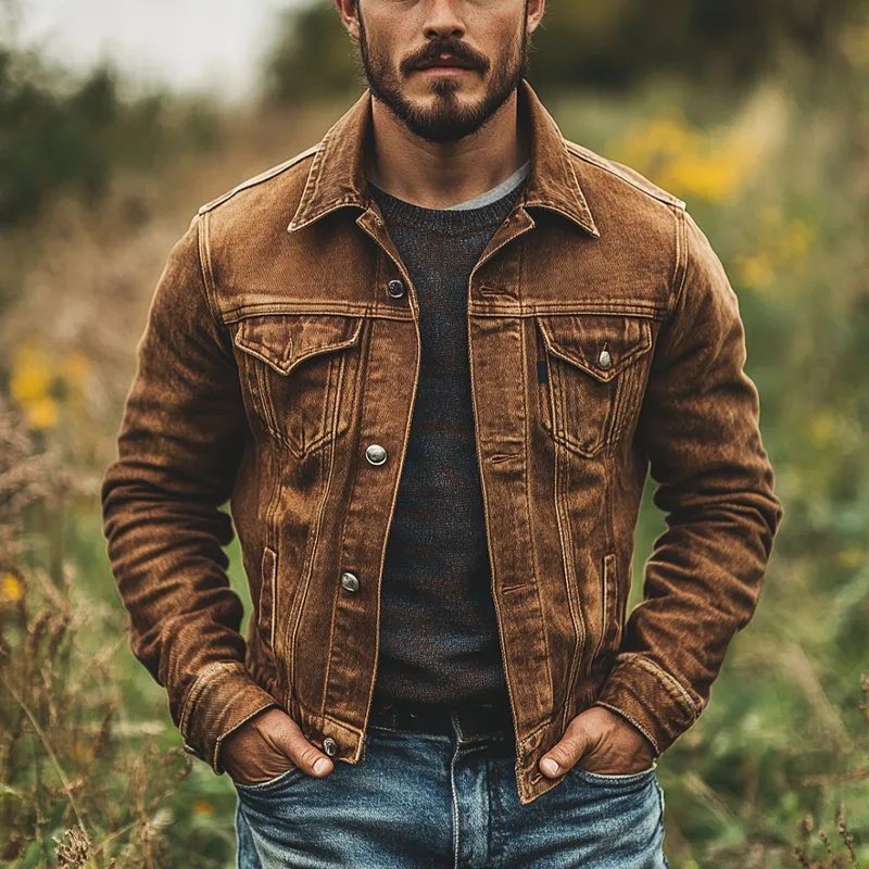 Men's Vintage Distressed Lapel Single-breasted Western Denim Jacket MTA1252I3X sold by Manly product image thumbnail 2