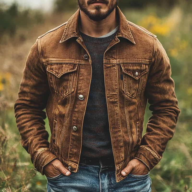 Men's Vintage Distressed Lapel Single-breasted Western Denim Jacket MTA1252I3X sold by Manly product image thumbnail 3